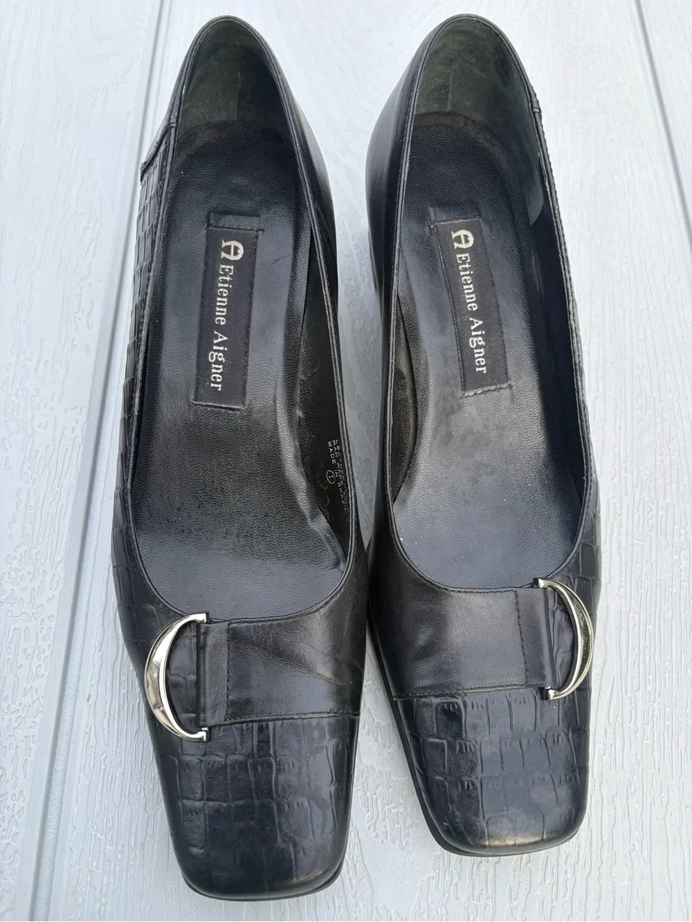VTG Etienne Aigner Leather Pumps Black Leather Block Heels Womens 7.5 Office